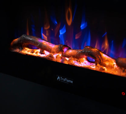 Alchemy Fireplaces 26” Wall Mounted Electric Fireplace – Black Glass, Remote Control, 3 Flame Colours, Logs & Crystals