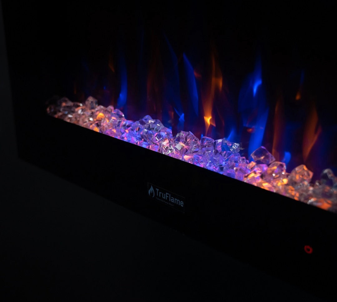 Alchemy Fireplaces 26” Wall Mounted Electric Fireplace – Black Glass, Remote Control, 3 Flame Colours, Logs & Crystals
