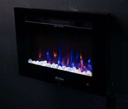 Alchemy Fireplaces 26” Wall Mounted Electric Fireplace – Black Glass, Remote Control, 3 Flame Colours, Logs & Crystals