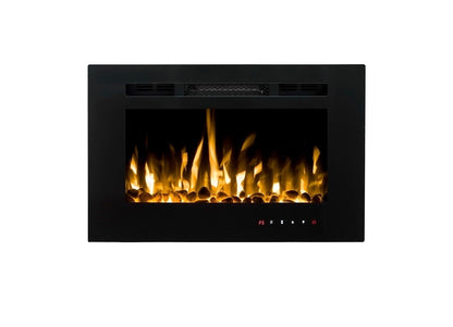 Alchemy Fireplaces 26” Wall Mounted Electric Fireplace – Black Glass, Remote Control, 3 Flame Colours, Logs & Crystals