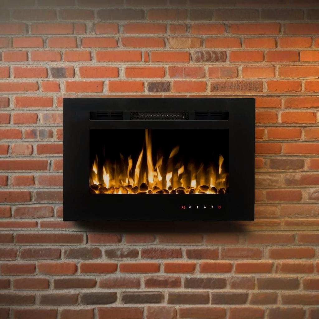 Alchemy Fireplaces 26” Wall Mounted Electric Fireplace – Black Glass, Remote Control, 3 Flame Colours, Logs & Crystals