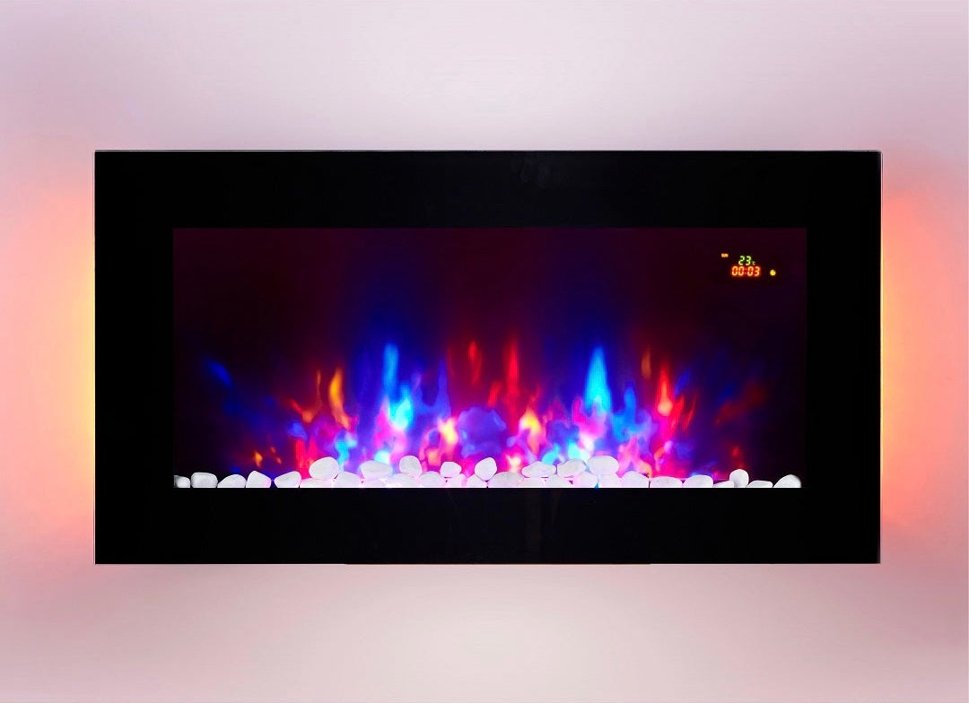 Alchemy Fireplaces 36" Wall Mounted Electric Fireplace – Black Glass, 7 Flame Colours, Remote, Thermostat & Timer