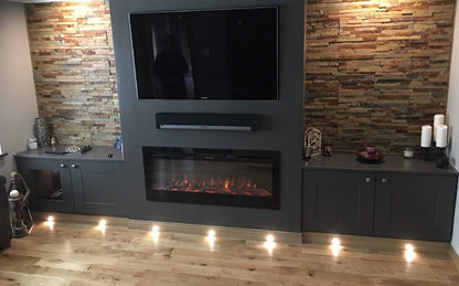 Alchemy Fireplaces 50” Wall Mounted Electric Fireplace with Black Glass, Dual Heat Settings & LED Flame Effects