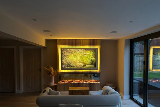 Alchemy Fireplaces 40" Wall Mounted Electric Fireplace – Black Glass, WiFi, Remote, 6 Flame Colours, 3-Sided Design