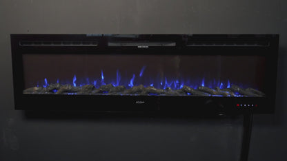 Alchemy Fireplaces 72" Wall Electric Fireplace – Black Glass, Remote Control, Log & Crystal Effects