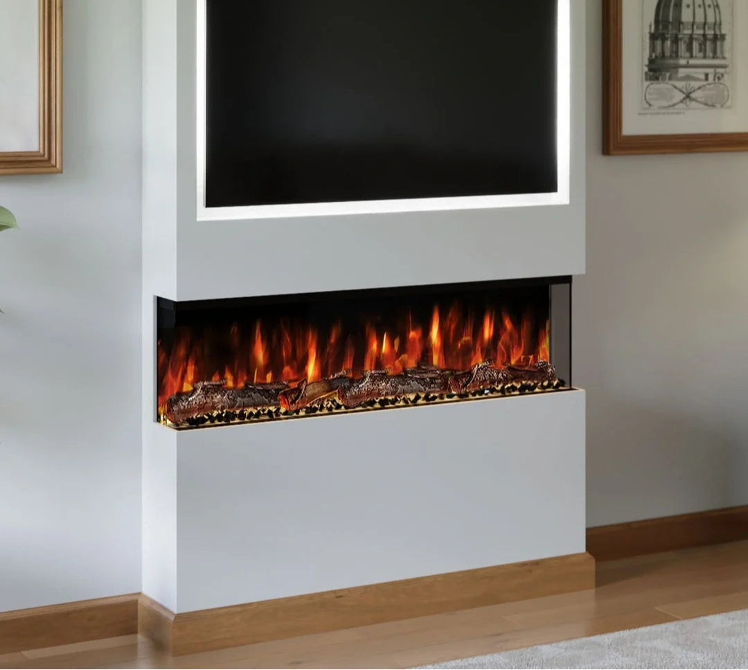 Alchemy Fireplaces 40" Wall Mounted Electric Fireplace – Black Glass, WiFi, Remote, 6 Flame Colours, 3-Sided Design