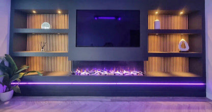 Alchemy Fireplaces 72” Black Glass Electric Fireplace - WiFi & Remote control, Dual Heat Settings, Modern Multi-Sided Wall Mount